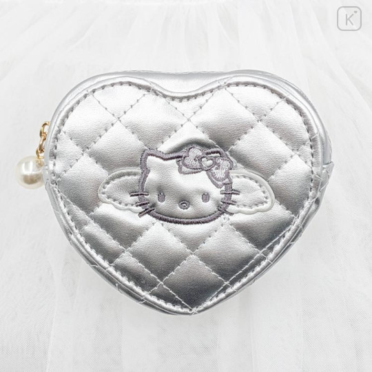 Japan Sanrio Quilted Heart Pouch - Hello Kitty : Black Angel Silver - 1