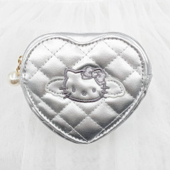 Japan Sanrio Quilted Heart Pouch - Hello Kitty : Black Angel Silver