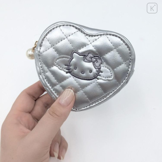 Japan Sanrio Quilted Heart Pouch - Hello Kitty : Black Angel Silver - 4