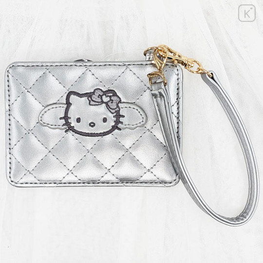 Japan Sanrio Pass Case - Hello Kitty : Black Angel Quilted Silver - 1
