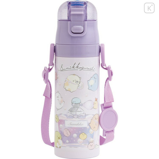 Japan San-X Kids One-Touch Water Bottle With Strap Cup 470ml - Sumikko Gurashi : Purple - 1