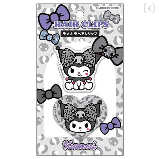 Japan Sanrio Acrylic Hair Clip Set - Kuromi : Gal Art Big Ribbon Leopard Grey - 1