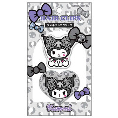 Japan Sanrio Acrylic Hair Clip Set - Kuromi : Gal Art Big Ribbon Leopard Grey