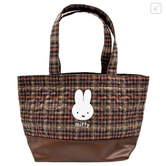 Japan Miffy Mini Tote Bag - Miffy : Red Brown Quilted Check - 1