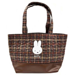 Japan Miffy Mini Tote Bag - Miffy : Red Brown Quilted Check