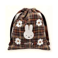 Japan Miffy Drawstring Bag - Miffy : Red Brown Quilted Check - 2