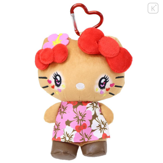 Japan Sanrio Mini Plush Pouch with Carabiner - Hello Kitty : Retro Heisei Kogal Hibiscus - 1