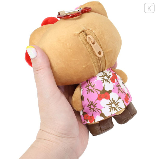 Japan Sanrio Mini Plush Pouch with Carabiner - Hello Kitty : Retro Heisei Kogal Hibiscus - 2