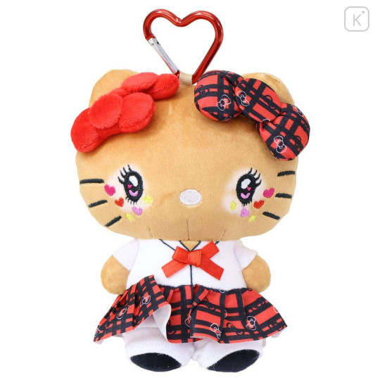 Japan Sanrio Mini Plush Pouch with Carabiner - Hello Kitty : Retro Heisei Kogal Uniform - 1