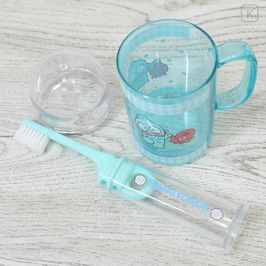 Japan Sanrio Toothbrush Set - Hangyodon : Gingham Turquoise - 3