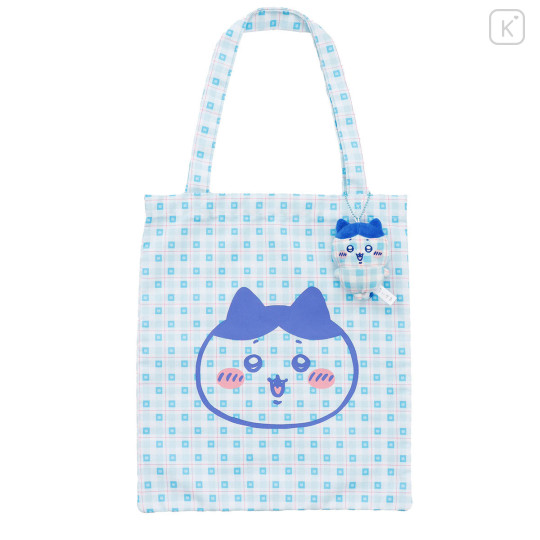 Japan Chiikawa Tote Bag With Plush Mascot - Hachiware : Check Blue - 1