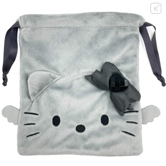 Japan Sanrio Face Drawstring Bag - Hello Kitty : Black Angel Gray - 2