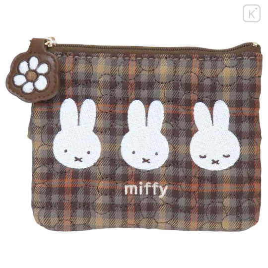Japan Miffy Mini Pouch & Tissue Case - Miffy : Red Brown Quilted Check - 1