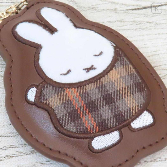 Japan Miffy Sagara Embroidery Keychain - Miffy : Red Brown Quilted Check - 3