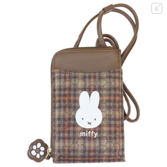 Japan Miffy Smartphone Shoulder Pouch - Miffy : Red Brown Quilted Check - 1