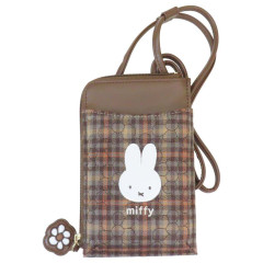 Japan Miffy Smartphone Shoulder Pouch - Miffy : Red Brown Quilted Check