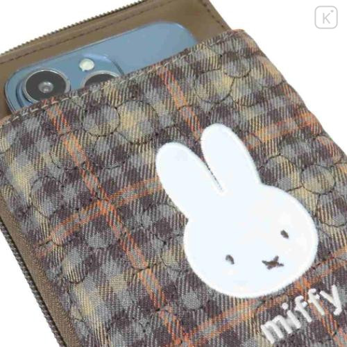Japan Miffy Smartphone Shoulder Pouch - Miffy : Red Brown Quilted Check - 4