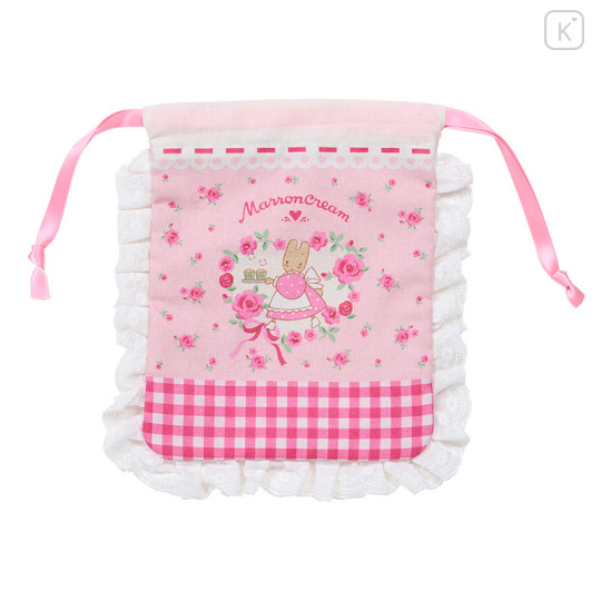 Japan Sanrio Frill Drawstring Bag - Marron Cream : Rose Pink Gingham - 1