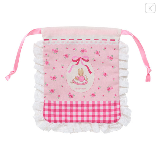 Japan Sanrio Frill Drawstring Bag - Marron Cream : Rose Pink Gingham - 2