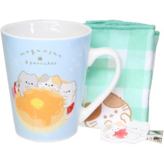Japan Mogunyan Mug & Mini Towel & Hair Clip Box Set - Cat Pancake Blue Green