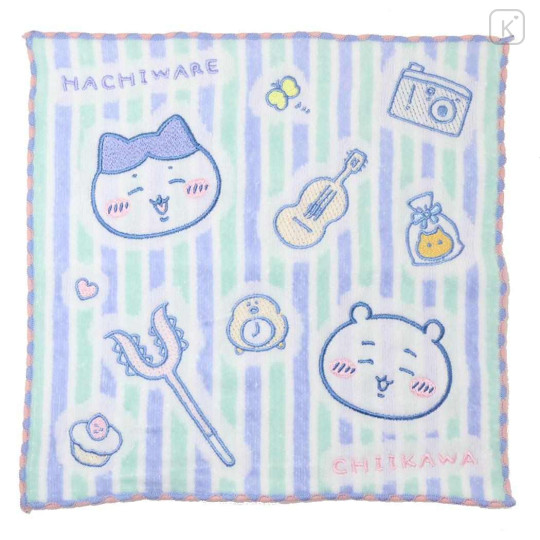 Japan Chiikawa Embroidered Mini Towel Handkerchief - Chiikawa & Hachiware : Hobby Blue Green - 1