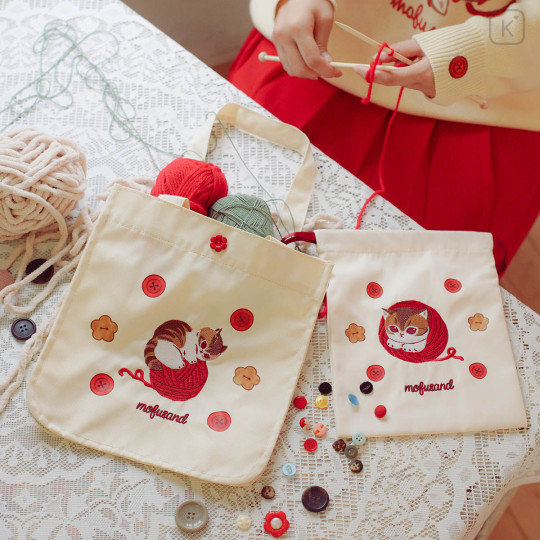 Japan Mofusand Drawstring Bag - Cat Yarn Ball Ivory - 2