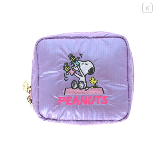 Japan Peanuts Square Pouch - Snoopy & Woodstock : Petit Collection Purple Satin - 1