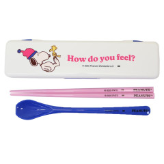 Japan Peanuts Chopsticks 19.5cm & Spoon with Case - Snoopy & Woodstock : Winter Blue Pink