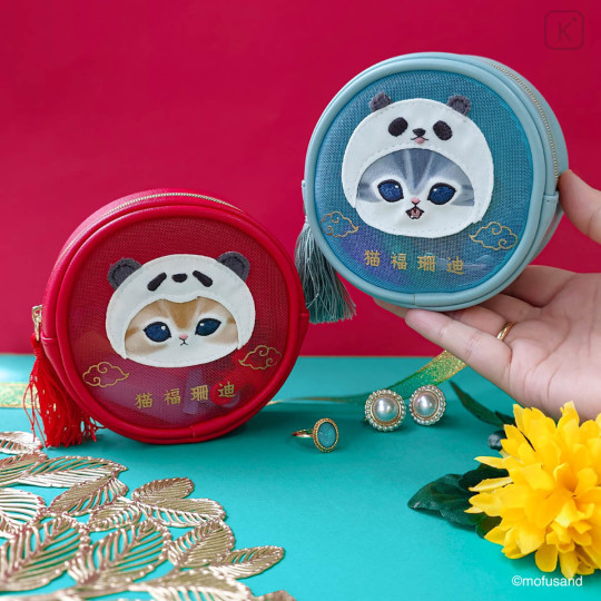Japan Mofusand Round Mesh Pouch - Panda Cat Nyan Red - 2