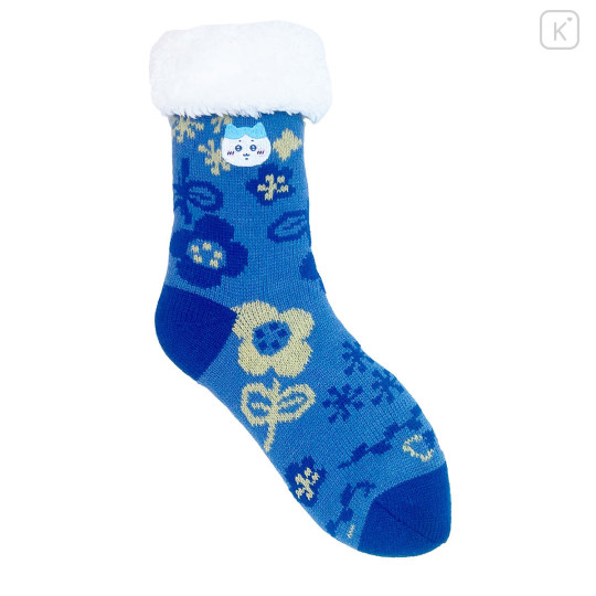 Japan Chiikawa Warm Socks - Hachiware : Flower Blue Fleece Lining - 1