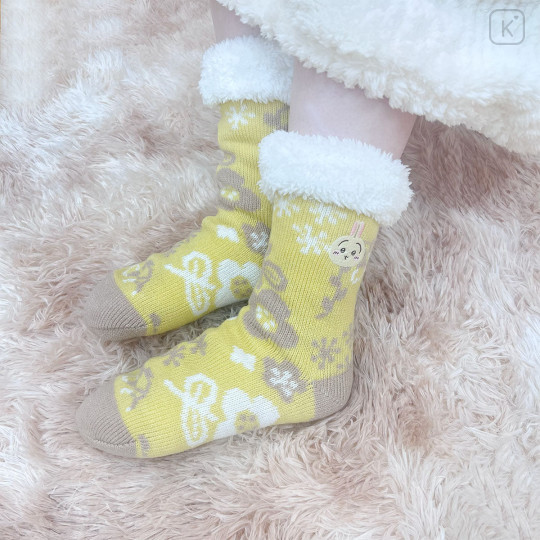 Japan Chiikawa Warm Socks - Usagi : Flower Yellow Fleece Lining - 2