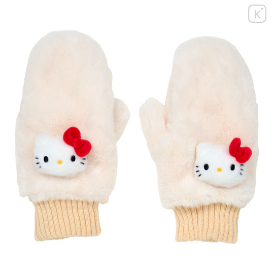Japan Sanrio Original Faux Fur Mittens with Mascot - Hello Kitty : Ivory - 1