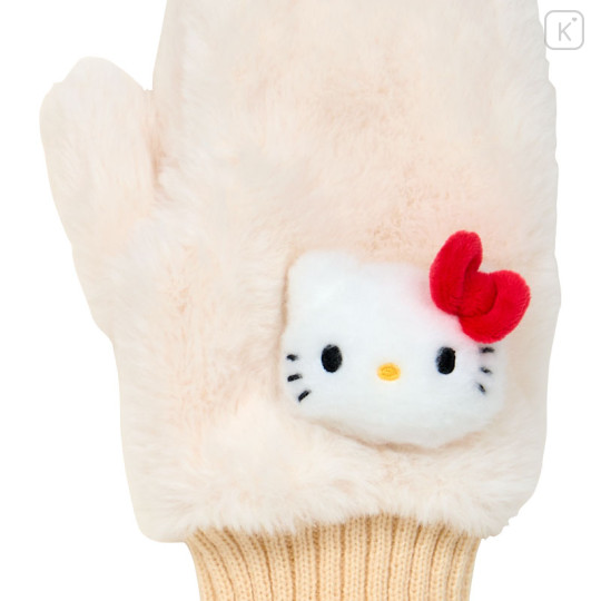 Japan Sanrio Original Faux Fur Mittens with Mascot - Hello Kitty : Ivory - 3