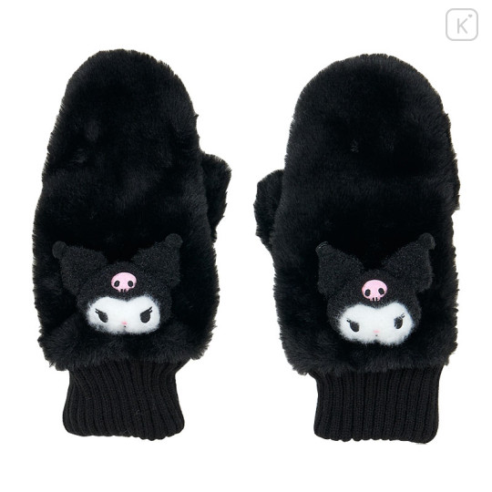 Japan Sanrio Original Faux Fur Mittens with Mascot - Kuromi : Black - 1