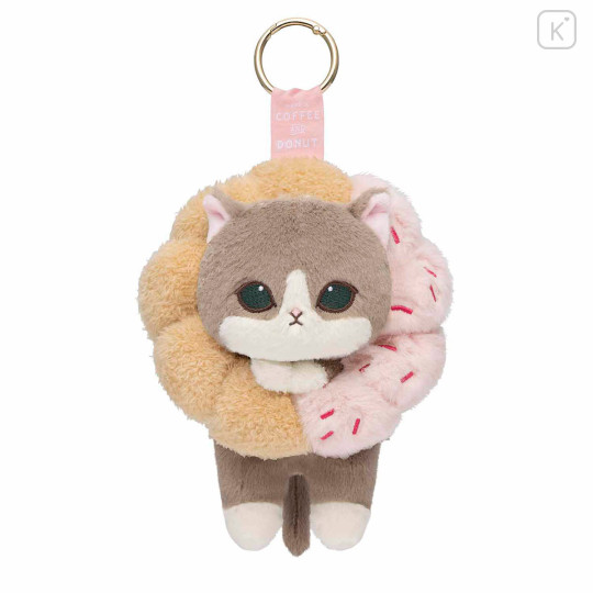 Japan Mofusand Plush Mascot with Carabiner Bag Charm - Mofusand Coffee And Donuts Cat Strawberry Cruller - 1