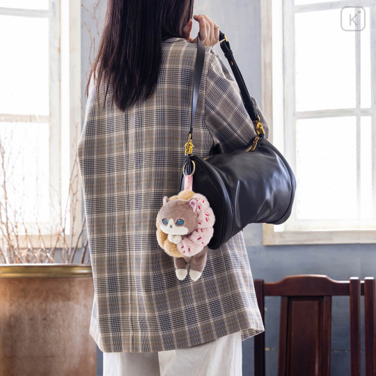 Japan Mofusand Plush Mascot with Carabiner Bag Charm - Mofusand Coffee And Donuts Cat Strawberry Cruller - 2