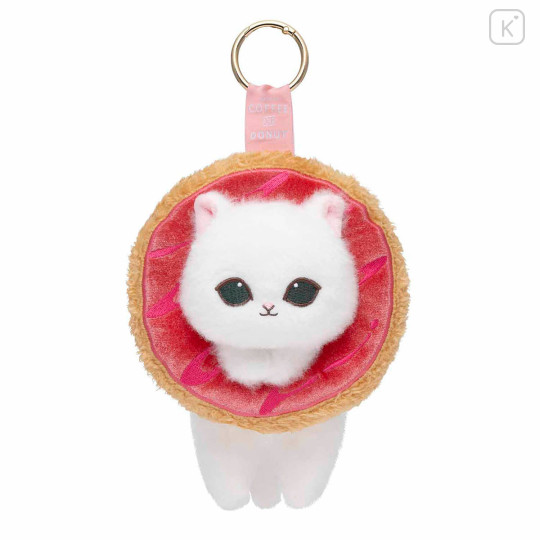 Japan Mofusand Plush Mascot with Carabiner Bag Charm - Mofusand Coffee And Donuts Cat Raspberry - 1