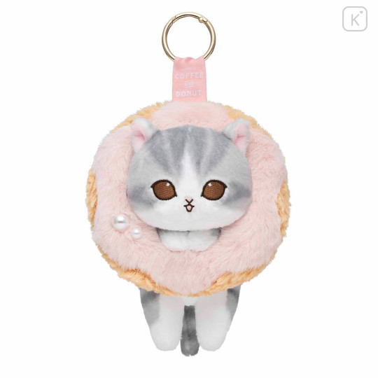 Japan Mofusand Plush Mascot with Carabiner Bag Charm - Mofusand Coffee And Donuts Cat Strawberry Cream - 1