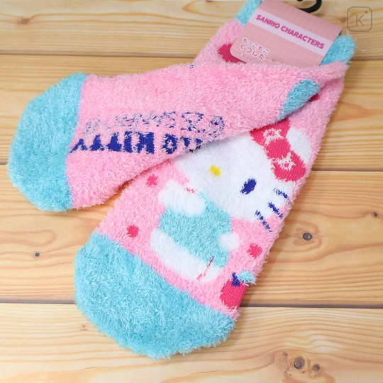 Japan Sanrio Fluffy Socks - Hello Kitty : Blue Pink Apple - 2