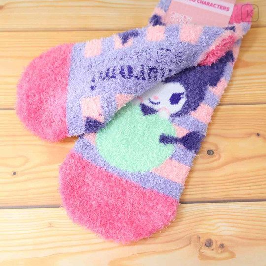 Japan Sanrio Fluffy Socks - Kuromi : Pink Purple Stripe - 2