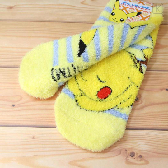 Japan Pokemon Fluffy Socks - Pikachu : Wink Yellow Blue Stripe - 2