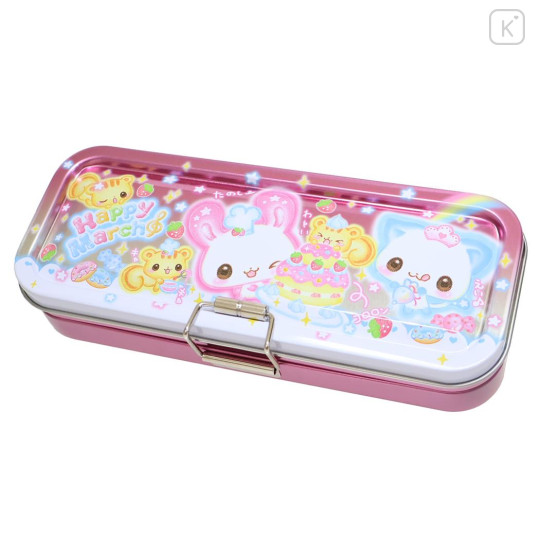 Japan Kamio Tin Pencil Case - Happy March Cat & Rabbit : Heisei Retro Pink - 1