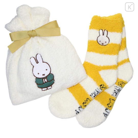 Japan Miffy Warm Socks & Drawstring Bag - Miffy : White Yellow Stripe - 1