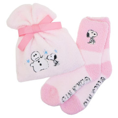 Japan Peanuts Warm Socks & Drawstring Bag - Snoopy : Snowman Pink
