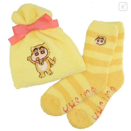 Japan Crayon Shin-chan Warm Socks & Drawstring Bag - Shinnosuke Nohara : Cat Yellow Stripe - 1