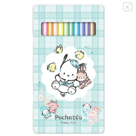 Japan Sanrio 12 Color Colored Pencils with Case - Pochacco : Gingham Outfit Mint - 1
