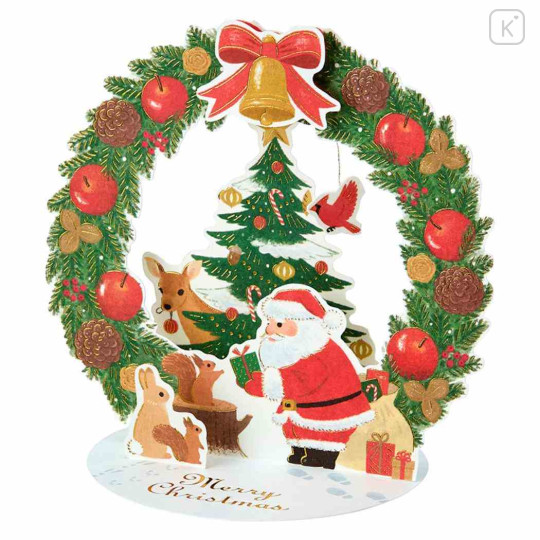 Japan Sanrio 3D Greeting Card - Christmas Santa & Animal Wreath - 1