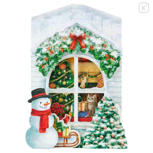 Japan Sanrio 3D Greeting Card - Christmas Snowman Outside Warm House with Cat & Tree - 2