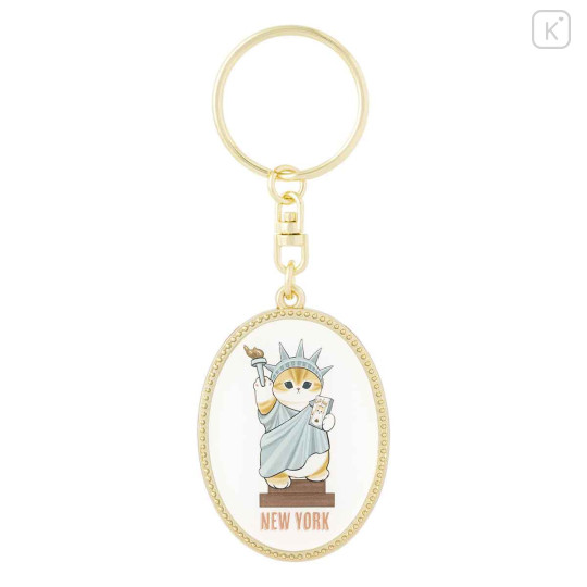 Japan Mofusand Oval Metal Keychain - Mofumofu Journey New York Statue of Liberty Cat Meow - 1