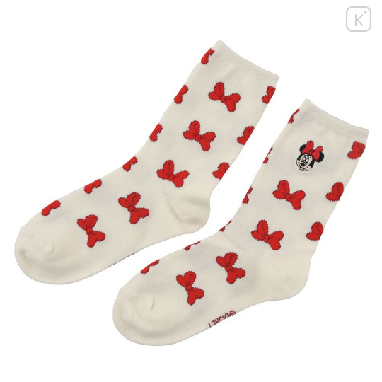 Japan Disney Store Crew Socks - Minnie : Face Ribbon Ivory - 1